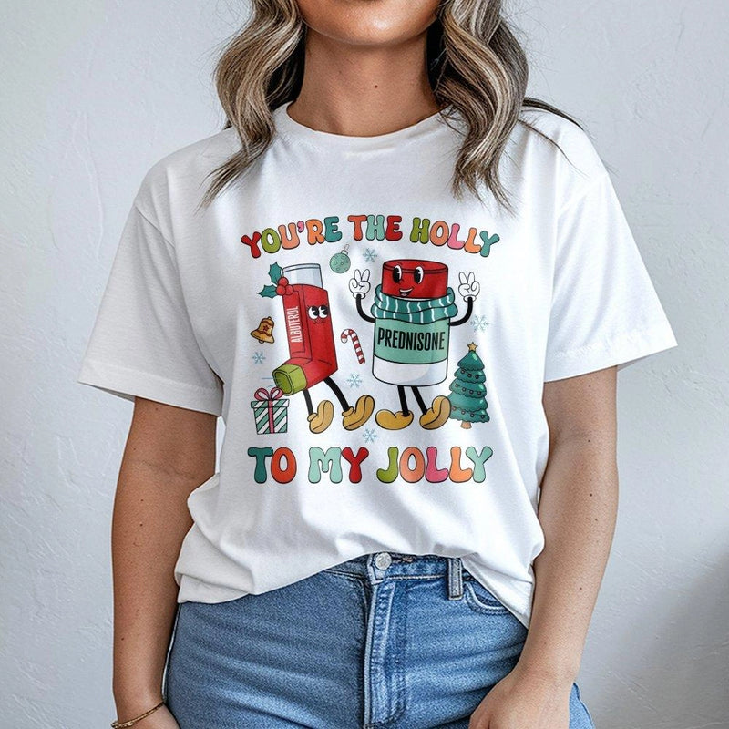 Holly Jolly Inhaler RT Shirt, Respiratory Therapist Christmas T-Shirt, Retro Medical Graphic Tee, Humorous Respiratory Care Holiday Shirt