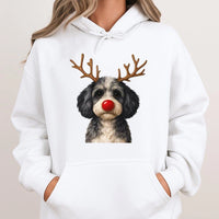 Humorous Red Nose Rudolph Puppy Hooded Sweatshirt, Christmas Reindeer Dog Hoodie, Adorable Winter Holiday Pet Sweater, Xmas Dog Lover Present