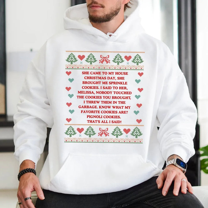 Humorous Holiday Cookie Sweatshirt, Sprinkles Pignoli Cookies Ugly Christmas Hoodie, Italian Baking Pullover Hoodie, Foodie Xmas Party Present