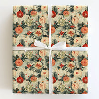 Poinsettia Ornament Gift Wrap, Vintage Christmas Wrapping Paper, Pine Branch Holiday Wrapping Paper, Classic Botanical Christmas Gift Wrap