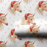 Watercolor Santa Hat Gift Wrap, Christmas Unicorn Wrapping Paper, Magical Fantasy Holiday Present Paper, Kids Xmas Wrapping Roll