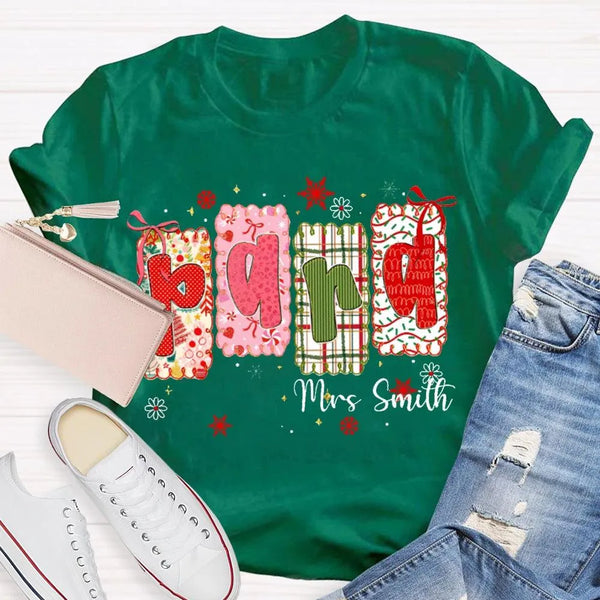 Custom Name Holiday Graphic Tee, Personalized Color Block Christmas T-Shirt, Matching Family Xmas Shirt, Festive Present Top