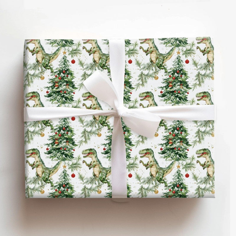 Watercolor T-Rex Gift Wrap, Dinosaur Christmas Wrapping Paper, Xmas Tree Dino Wrapping Paper, Holiday Dinosaur Gift Wrap, Festive Present Paper