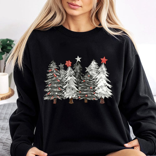 Grey White Forest Winter Holiday Sweater, Christmas Tree Sweatshirt, Aesthetic Festive Pine Tree Crewneck Sweatshirt, Minimal
