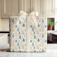 Whimsical Holiday Forest Gift Wrap, Pastel Christmas Tree Wrapping Paper, Watercolor Pine Wrapping Paper, Adorable Winter Present Paper Roll