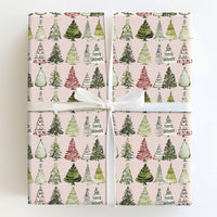Pink Holiday Gift Wrap, Watercolor Christmas Tree Wrapping Paper, Festive Pine Tree Present Paper, Adorable Winter Holiday Wrapping Paper Roll