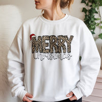 Santa Hat Holiday Sweater, Merry Christmas Leopard Print Sweatshirt, Adorable Winter Xmas Crewneck, Leopard Plaid Christmas Pullover for Her