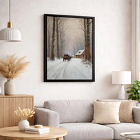 Snowy Cabin Landscape Painting Print, Winter Horse Drawn Sleigh Wall Art, Rustic Christmas Holiday Poster, Digital Download