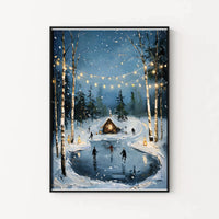 Comfy Cabin Snowy Forest Print, Winter Ice Skating Wall Art, Vintage Winter Landscape Poster, Rustic Holiday Christmas Home Decor