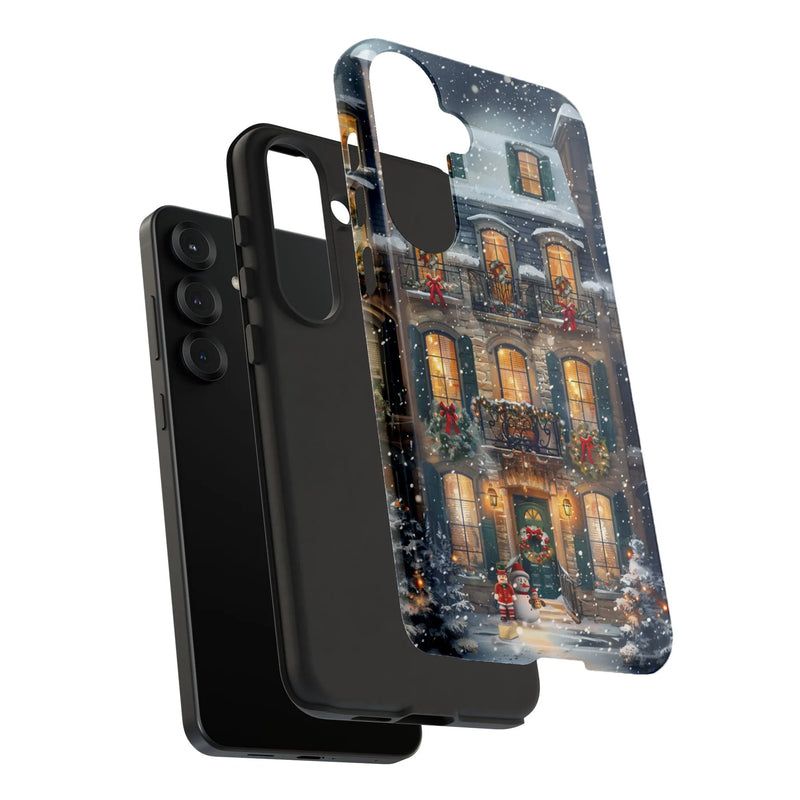 Comfy Holiday Village Samsung Galaxy Case, Christmas Winter Townhouse Phone Case, Festive Snow Scene Phone Case, Dual Layer Tough Cover Present