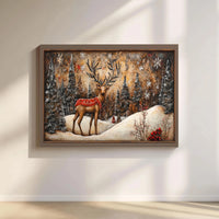 Snowy Christmas Landscape Canvas, Reindeer Winter Forest Wall Art, Rustic Holiday Wall Art, Farmhouse Xmas Print, Digital Download Art