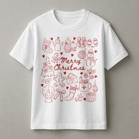 Adorable Holiday Bow Graphic Tee, Merry Christmas Doodles T-Shirt, Festive Doodle Christmas Shirt, Coquette Xmas Tee, Holiday Present for Women