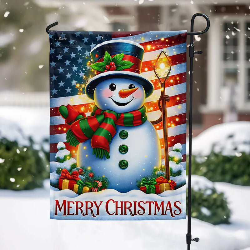 American Flag Winter Flag, Patriotic Snowman Christmas Garden Flag, Holiday Snowman Yard Flag, Seasonal Porch Lawn Decor