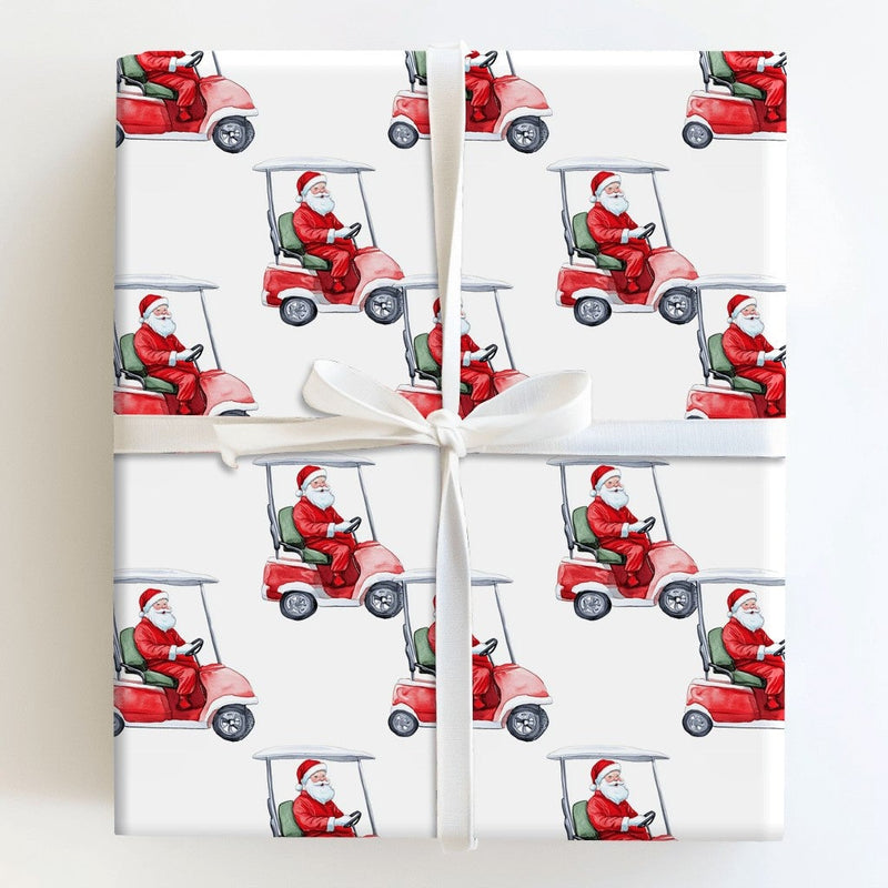 Humorous Golfer Christmas Gift Wrap, Santa Golf Cart Wrapping Paper, Watercolor Santa Claus Golfing Wrapping Paper