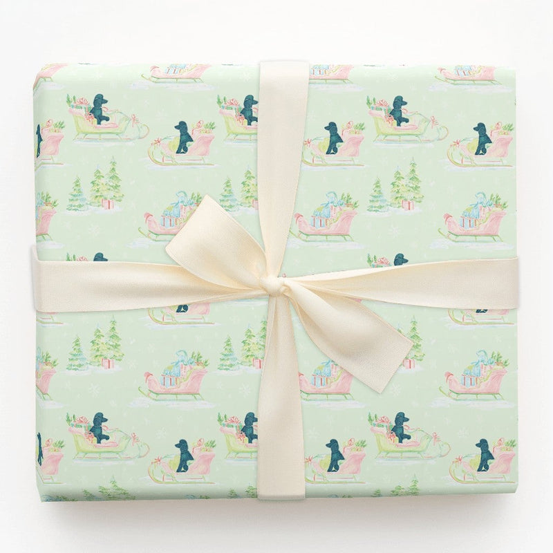 Watercolor Poodle Sleigh Gift Wrap, Black Poodle Wrapping Paper, Adorable Dog Christmas Wrapping Paper, Black Poodle Holiday Gift Wrap Paper