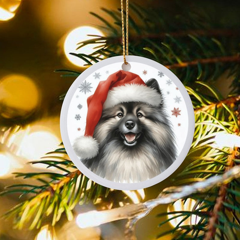 Santa Hat Keeshond Christmas Ornament, Keeshond Dog Ceramic Ornament, Adorable Dog Lover Holiday Decor, Festive Puppy Keepsake Tree Ornament