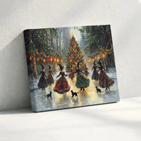 Whimsical Holiday Wall Art, Witches Ice Skating Christmas Tree Canvas, Vintage Winter Witch Canvas Print, Gothic Seasonal Canvas Decor