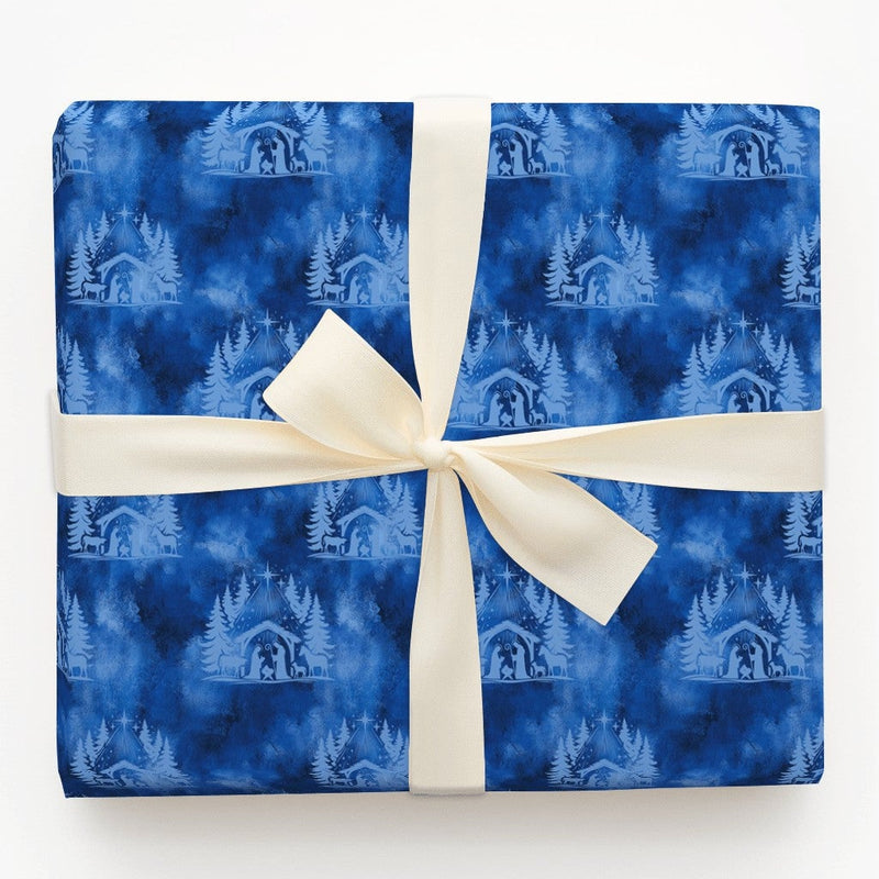 Holy Family Holiday Gift Wrap, Blue Nativity Scene Christmas Wrapping Paper, Star of Bethlehem Paper, Christian Religious Present Wrap