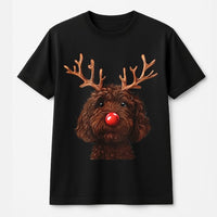 Humorous Holiday Dog Shirt, Chocolate Doodle Reindeer T-Shirt, Labradoodle Christmas Tee, Adorable Pet Lover Graphic T-Shirt, Doodle Mom Present