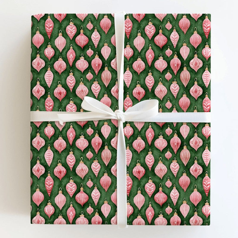 Retro Bauble Christmas Wrapping Paper, Pink Vintage Ornaments Wrapping Paper, Dark Green Holiday Gift Wrap, Watercolor Xmas Paper, Present Roll