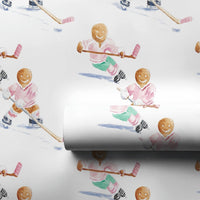 Winter Sports Christmas Gift Wrap, Hockey Gingerbread Men Wrapping Paper, Watercolor Ice Hockey Wrapping Paper, Sporty Holiday Gift Wrap