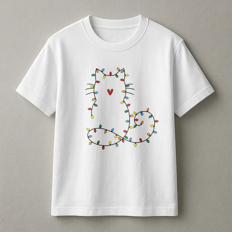 Adorable Kitty Holiday Shirt, Fairy Lights Cat Christmas T-Shirt, Minimalist Cat Graphic Tee, Comfy Xmas Cat Lover Apparel, Cat Mom Holiday Present
