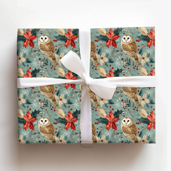 Rustic Poinsettia Owl Gift Wrap, Barn Owl Christmas Wrapping Paper, Woodland Botanical Wrapping Paper, Vintage Holiday Gift W