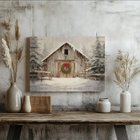 Christmas Wreath Winter Landscape Wall Art, Rustic Snowy Barn Canvas Print, Farmhouse Holiday Decor, Comfy Christmas Scene Canvas