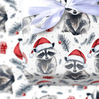 Adorable Animal Holiday Gift Wrap, Santa Hat Raccoon Wrapping Paper, Watercolor Christmas Raccoon Paper, Winter Forest Wrapping Paper Roll