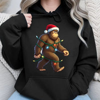 Humorous Sasquatch Sweatshirt, Bigfoot Christmas Lights Hoodie, Retro Xmas Bigfoot Hoodie, Santa Hat Graphic Hooded Sweater, Holiday Present