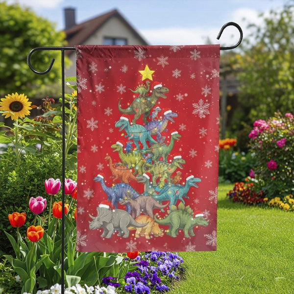 Festive T-Rex Holiday Yard Flag, Dinosaur Christmas Tree Garden Flag, Adorable Dino Winter Lawn Flag, Seasonal Outdoor Decor 