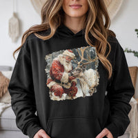 Comfy Christmas Graphic Hoodie, Vintage Santa and Reindeer Hoodie, Retro Holiday Winter Hoodie, Adorable Xmas Pullover Sweatshirt, Winter Present