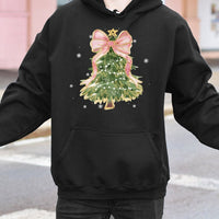 Coquette Bow Holiday Pullover, Watercolor Christmas Tree Hoodie, Aesthetic Winter Season Sweatshirt, Adorable Xmas Tree Hoodie