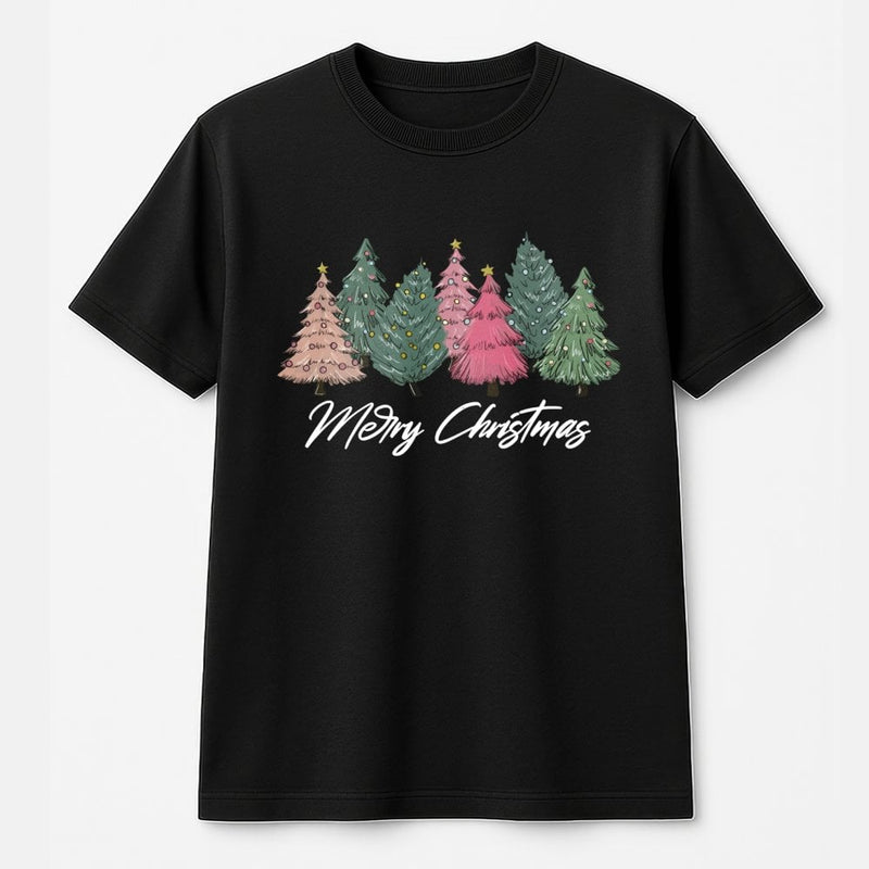 Pink and Green Hand-Drawn Tree Graphic Tee, Merry Christmas T-Shirt, Adorable Holiday Xmas Shirt, Festive Winter Apparel Present