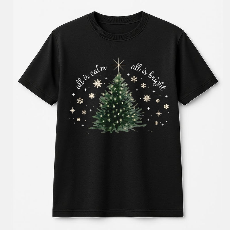 Minimalist Christian Holiday Tee, All Is Calm All Is Bright Christmas Tree T-Shirt, Silent Night Bible Verse Shirt, Winter Xmas Top
