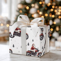 Red Motorcycle Christmas Gift Wrap, Biker Santa Wrapping Paper, Pine Tree Winter Santa Wrapping Paper, Holiday Biker Gift Wrap Roll