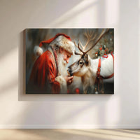 Christmas Santa Claus Reindeer Print, Santa Claus and Reindeer Canvas Wall Art, Comfy Holiday Santa Wall Decor, Winter Scene Canvas