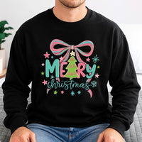 Pastel Pink Tree Holiday Crewneck, Coquette Christmas Tree Bow Sweatshirt, Preppy Coquette Xmas Sweater, Adorable Winter Holiday Pullover