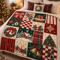 Cranberry Checkerboard Holiday Throw Blanket, Vintage Christmas Patchwork Sherpa Blanket, Farmhouse Christmas Couch Blanket