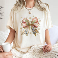 Christian Christmas Aesthetic Tee, Nativity Scene Coquette Bow T-Shirt, Religious Jesus Faith Graphic Shirt, Holiday Bow Tee