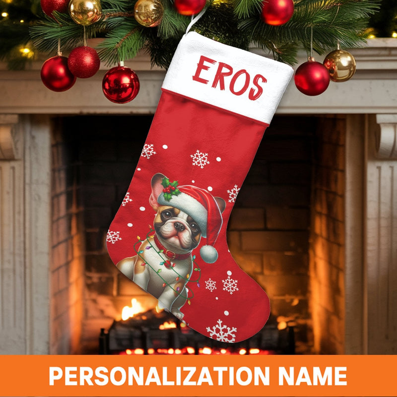 Santa Hat Frenchie Holiday Decor, Personalized French Bulldog Christmas Stocking, Velboa Fabric Stocking, Custom Dog Lover Pet Present