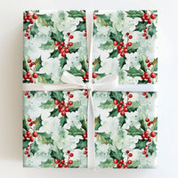 Botanical Christmas Gift Wrap, Watercolor Holly Berries Wrapping Paper, Vintage Holiday Leaves Wrapping Paper, Elegant Winter Present Wrap