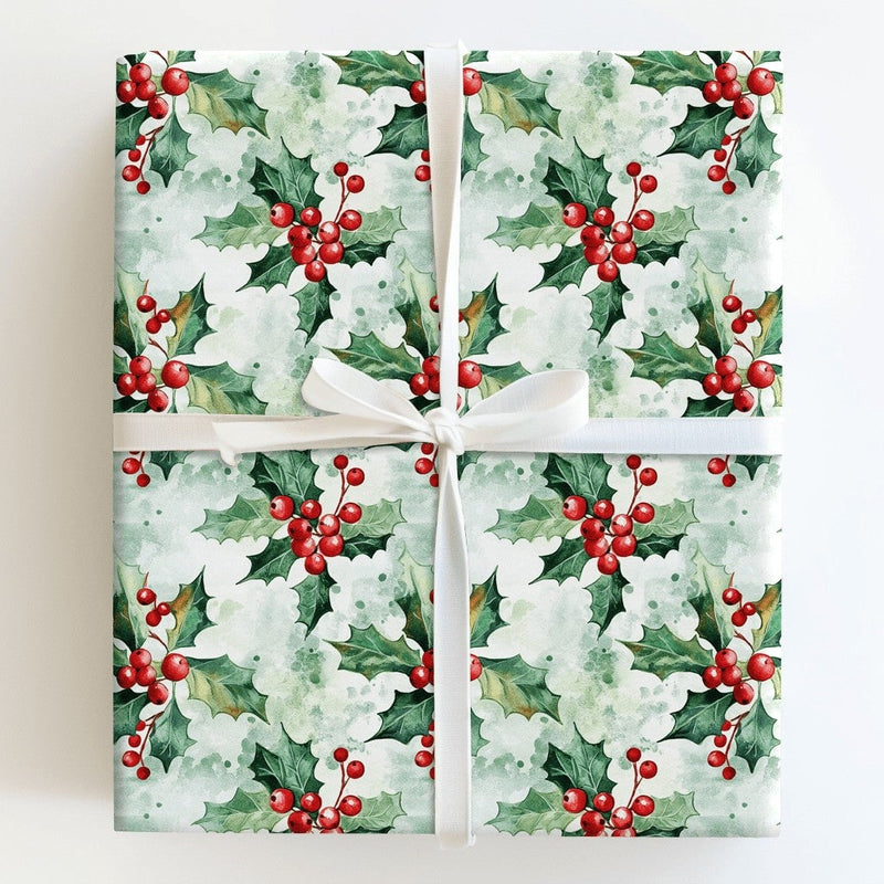 Botanical Christmas Gift Wrap, Watercolor Holly Berries Wrapping Paper, Vintage Holiday Leaves Wrapping Paper, Elegant Winter Present Wrap