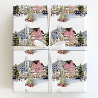 Snowy Town Holiday Gift Wrap, Watercolor European Christmas Village Wrapping Paper, Festive Winter Present Wrap, Christmas Tree Paper Roll