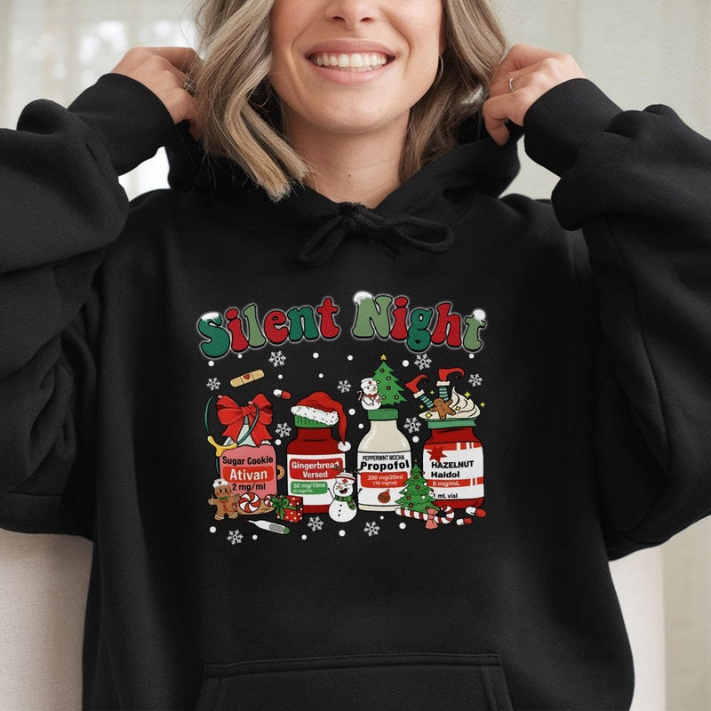 Humorous Medical Christmas Medicine Hooded Sweatshirt, Silent Night Nurse Hoodie, ICU Nurse Holiday Hoodie, Healthcare Winter Pullover Present