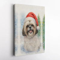 Watercolor Dog in Santa Hat Canvas Print, Shih Tzu Christmas Canvas Wall Art, Holiday Puppy Canvas, Festive Dog Lover Present Wall Decor