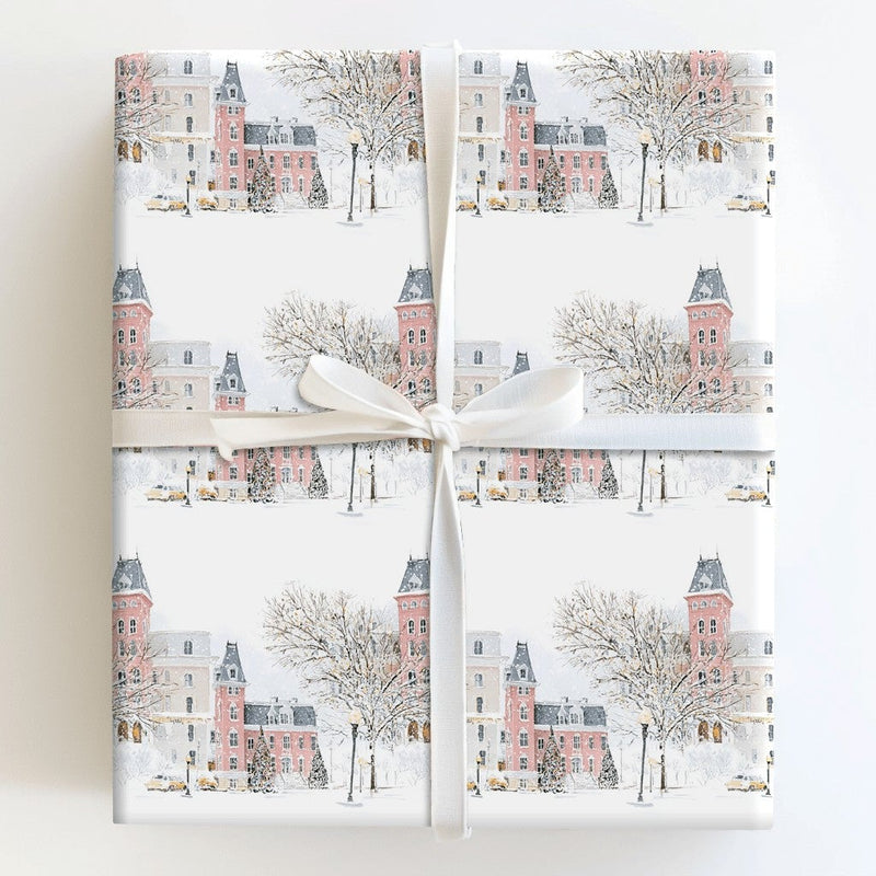 Vintage Christmas Village Gift Wrap, Snowy Winter Town Wrapping Paper, Yellow Car Holiday Wrapping Paper, Festive Winter Wrapping Paper