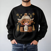 Winter Cow Coffee Sweatshirt, Highland Cow Christmas Sweatshirt, Festive Animal Holiday Sweatshirt, Xmas Cow Lover Crewneck, Winter Present