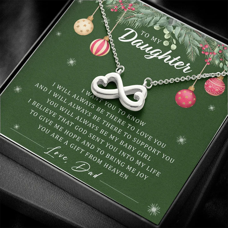 14k White Gold Finish Pendant Necklace, To My Daughter Christmas Infinity Heart Necklace, Holiday Card Keepsake Jewelry