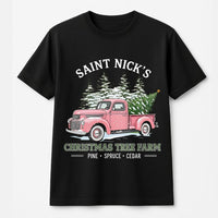 Pink Vintage Truck T-Shirt, Saint Nick's Christmas Tree Farm T-Shirt, Retro Holiday Farm Graphic T-Shirt, Adorable Xmas Tree Tee, Winter Present